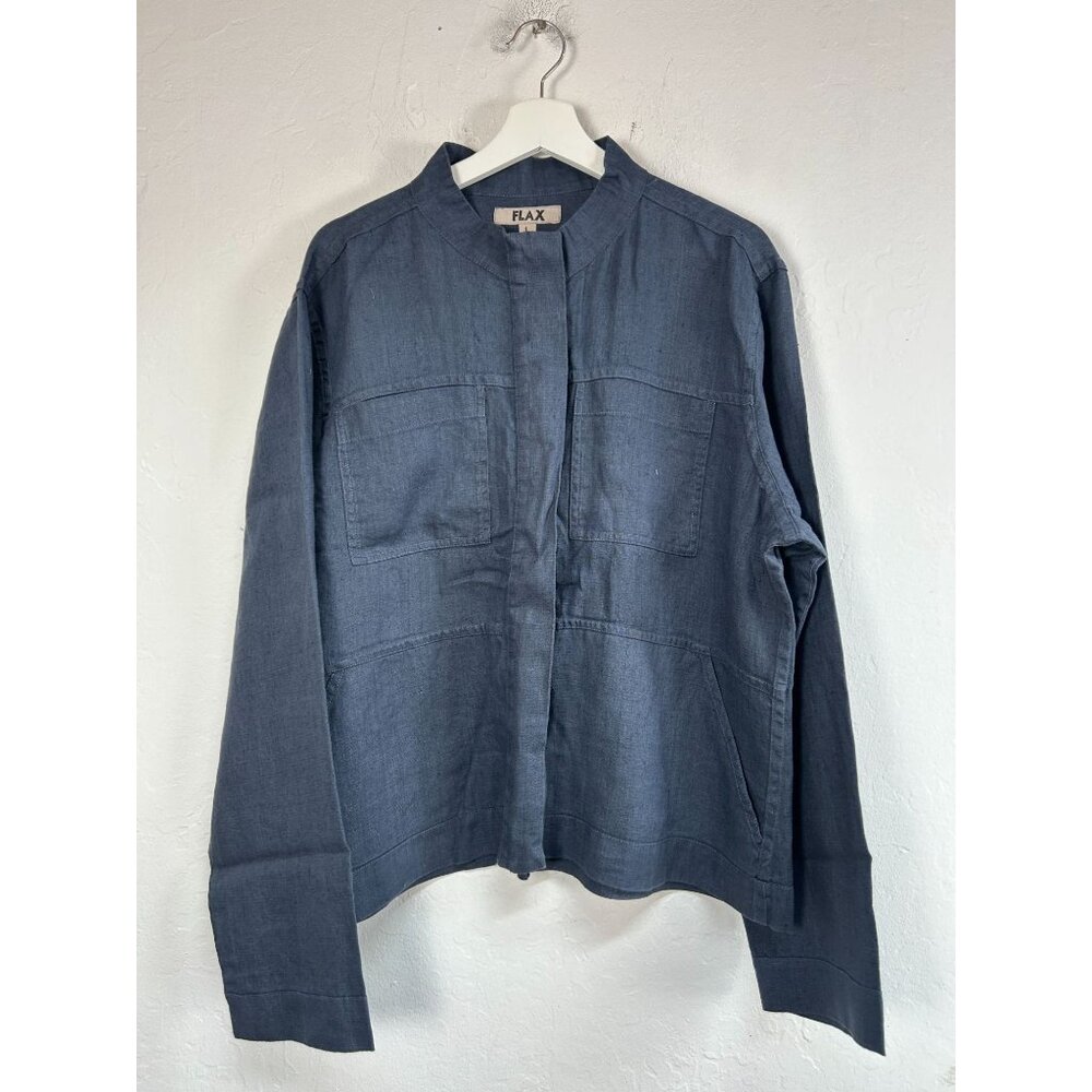 Flax Women’s Blue Linen Button-Up Military Jacket Pockets Large Lightweight NWOT